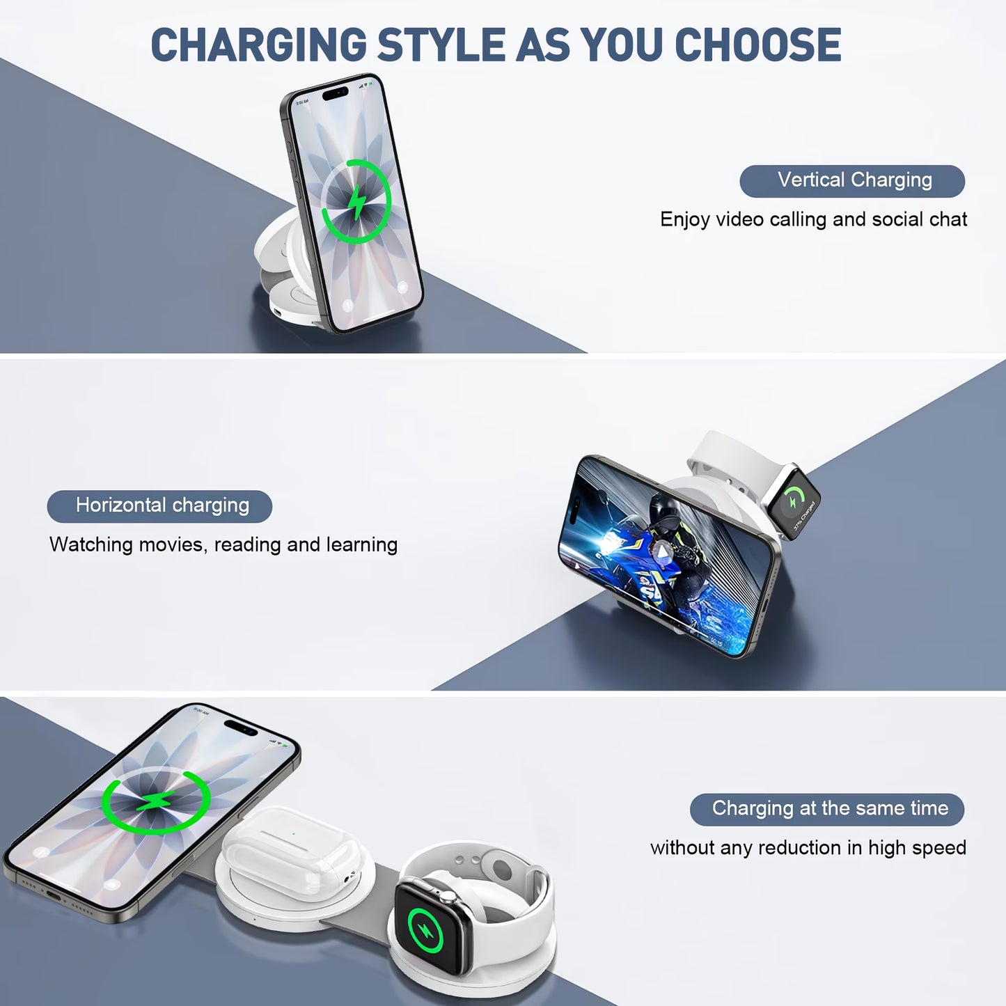 Wireless Charger for Iphone, 3 in 1 Charging Station for Iphone Devices, 15W Fast Wireless Charger Stand for Iphone 16 15 14 13 12 Pro Max, Charging Pad for Airpods 3/2/Pro, Iwatch 9/8/7/6/SE/5/4