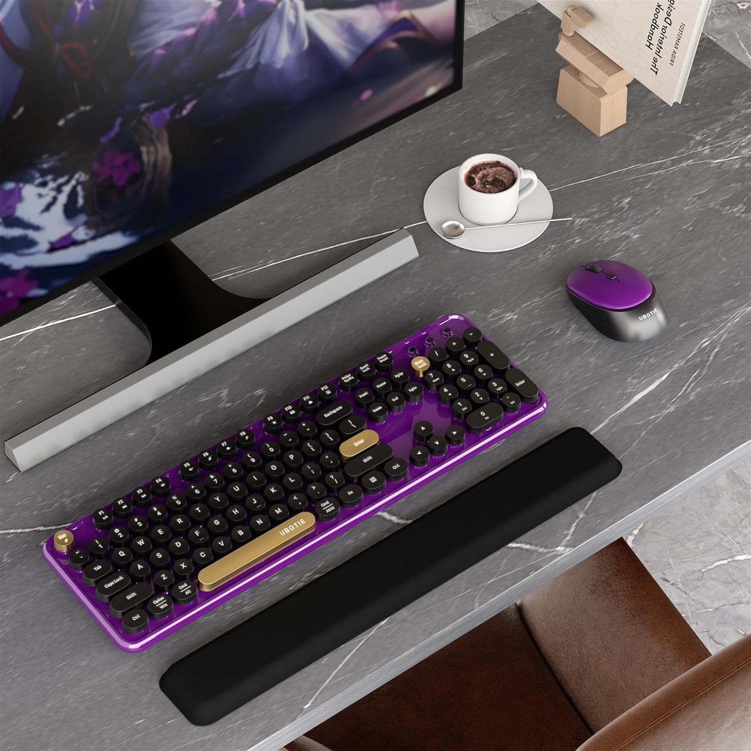 Colorful Wireless Computer Keyboards Mouse Combos (Black Purple) |  Polychrome round Keycaps Retro PC Keyboards 2.4Ghz Radio Frequency Connection with Optical Mouse Power Switch