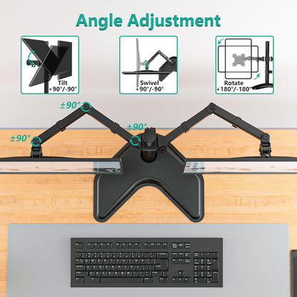 Dual Monitor Stand for Desk, Monitor Stands for 2 Monitors up to 27 Inch, Dual Monitors Mount Fits up to 22Lbs, Free Standing Full Motion Dual Monitors Arm for Desk (MF002), Black