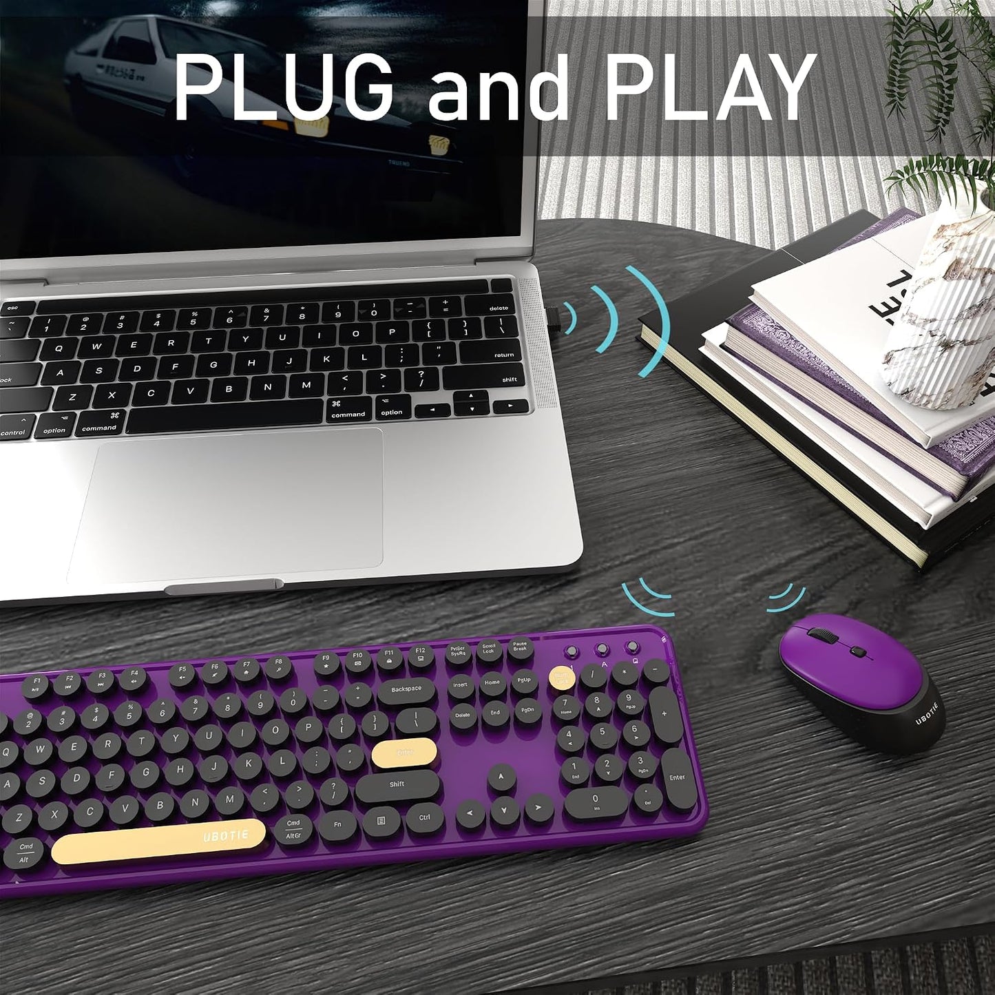 Colorful Wireless Computer Keyboards Mouse Combos (Black Purple) |  Polychrome round Keycaps Retro PC Keyboards 2.4Ghz Radio Frequency Connection with Optical Mouse Power Switch