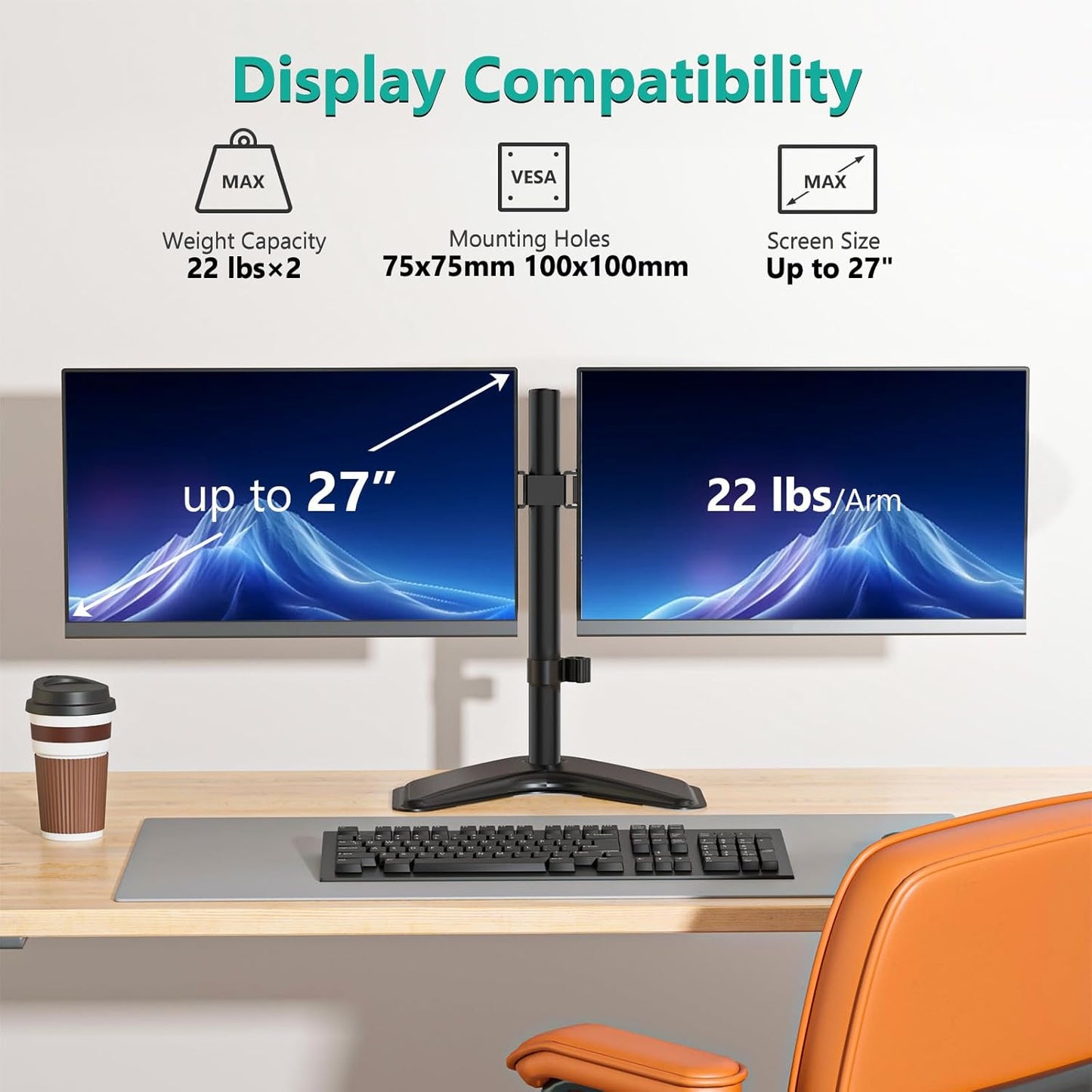 Dual Monitor Stand for Desk, Monitor Stands for 2 Monitors up to 27 Inch, Dual Monitors Mount Fits up to 22Lbs, Free Standing Full Motion Dual Monitors Arm for Desk (MF002), Black