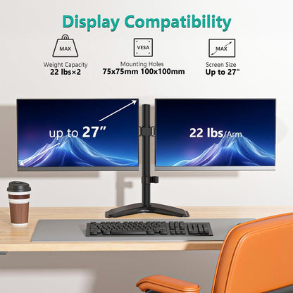 Dual Monitor Stand for Desk, Monitor Stands for 2 Monitors up to 27 Inch, Dual Monitors Mount Fits up to 22Lbs, Free Standing Full Motion Dual Monitors Arm for Desk (MF002), Black