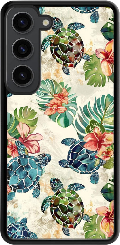 For Samsung Galaxy S23 Case - Vintage Art Pattern Sea Turtle | Teal Sea Turtle Tropical Palm Leaf Floral Art Designed Phone Case - Flexible TPU Phone Cover - Drop Protection