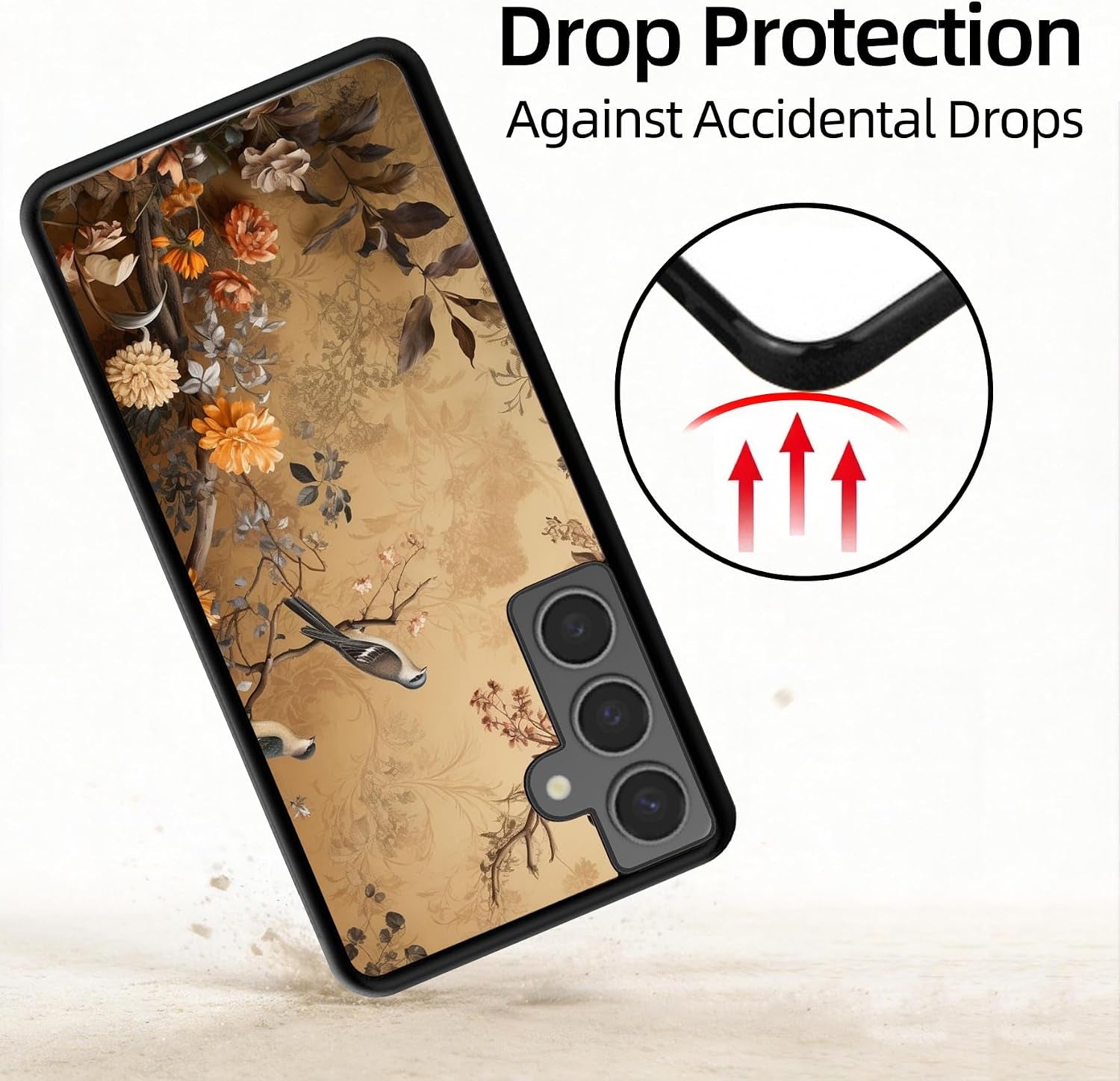 For Samsung Galaxy S24 Case - Vintage Flowers and Birds | Beige Sepia Vintage Bird Floral Branch Art Designed Phone Case - Flexible TPU Phone Cover - Drop Protection