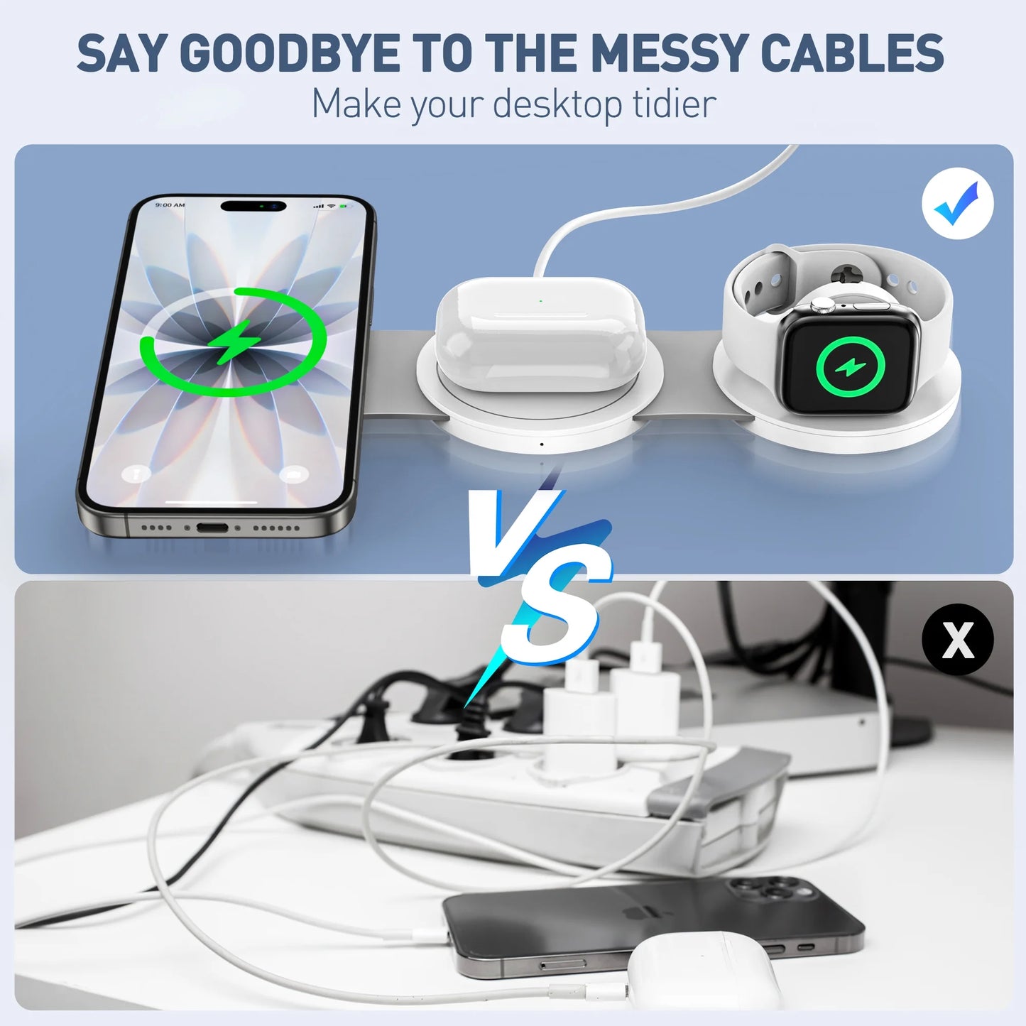 Wireless Charger for Iphone, 3 in 1 Charging Station for Iphone Devices, 15W Fast Wireless Charger Stand for Iphone 16 15 14 13 12 Pro Max, Charging Pad for Airpods 3/2/Pro, Iwatch 9/8/7/6/SE/5/4