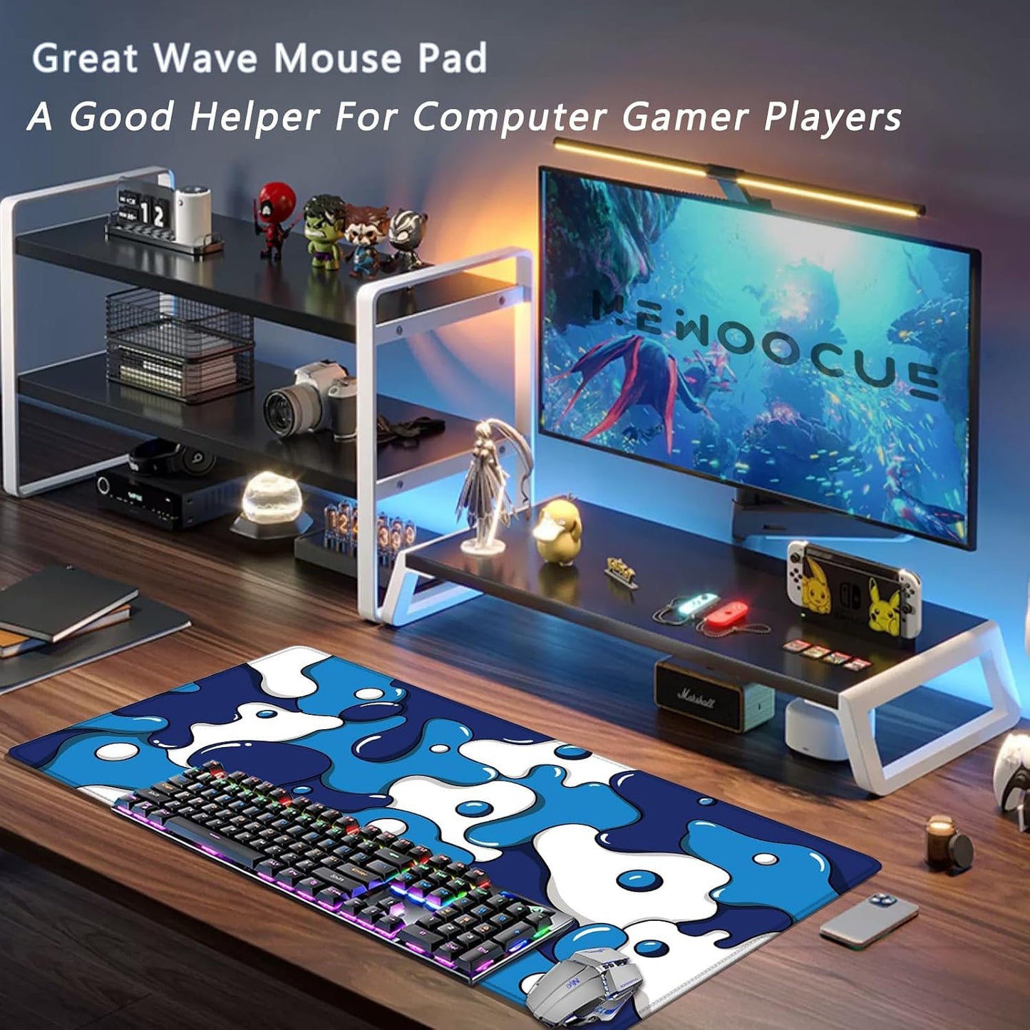 ® Gaming Mouse Pad for Desk,Large Cute Mousepad Laptop,Japanese Geometric Blue Anime Mouse Mat,Long XXL Waterproof Keyboard Pads,Big Non-Slip Mouse Pads for Game Office Home（31.5 X 15.7 In）
