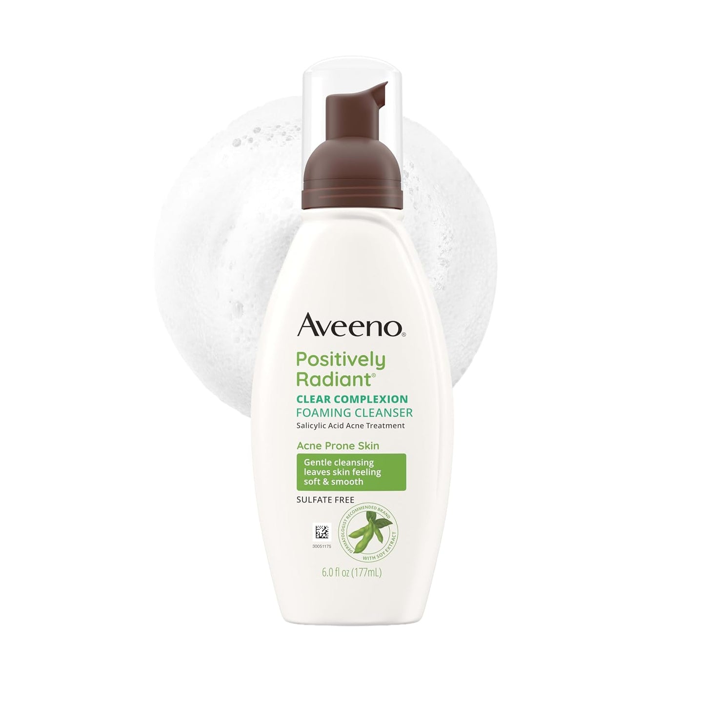 Aveeno Positively Radiant Clear Complexion Foaming Face Cleanser, 6 Fl. Oz | Facial Cleanser with Soy Extract & 0.5% Salicylic Acid, Acne Treatment Face Wash, Oil-Free, Hypoallergenic, No Added Sulfates