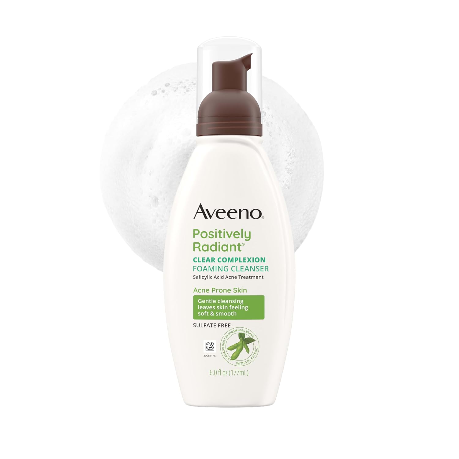 Aveeno Positively Radiant Clear Complexion Foaming Face Cleanser, 6 Fl. Oz | Facial Cleanser with Soy Extract & 0.5% Salicylic Acid, Acne Treatment Face Wash, Oil-Free, Hypoallergenic, No Added Sulfates