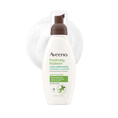 Aveeno Positively Radiant Clear Complexion Foaming Face Cleanser, 6 Fl. Oz | Facial Cleanser with Soy Extract & 0.5% Salicylic Acid, Acne Treatment Face Wash, Oil-Free, Hypoallergenic, No Added Sulfates