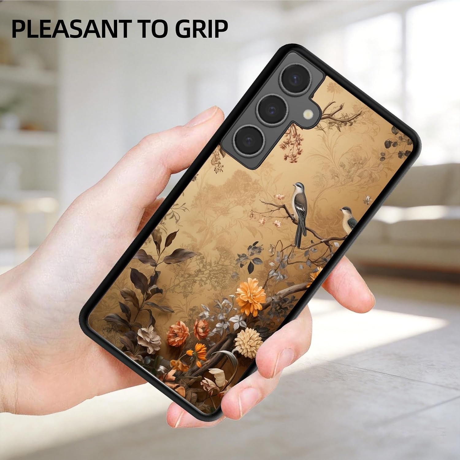For Samsung Galaxy S24 Case - Vintage Flowers and Birds | Beige Sepia Vintage Bird Floral Branch Art Designed Phone Case - Flexible TPU Phone Cover - Drop Protection