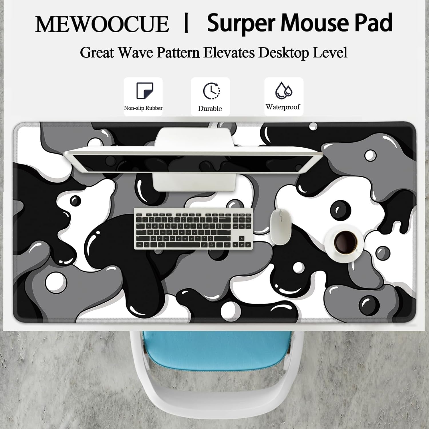 Gaming Laptop Mouse Pad,Grey Black White Big Desk Pads PC Keyboard Waterproof and Non-Slip 47.2" X 23.6" 3Mm Thick XXXL Rubber Table Mat, Black Spotted Dog Mouse Pads