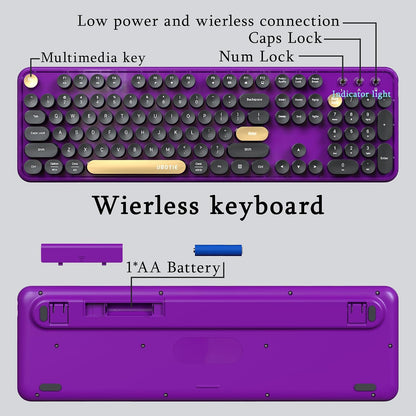 Colorful Wireless Computer Keyboards Mouse Combos (Black Purple) |  Polychrome round Keycaps Retro PC Keyboards 2.4Ghz Radio Frequency Connection with Optical Mouse Power Switch