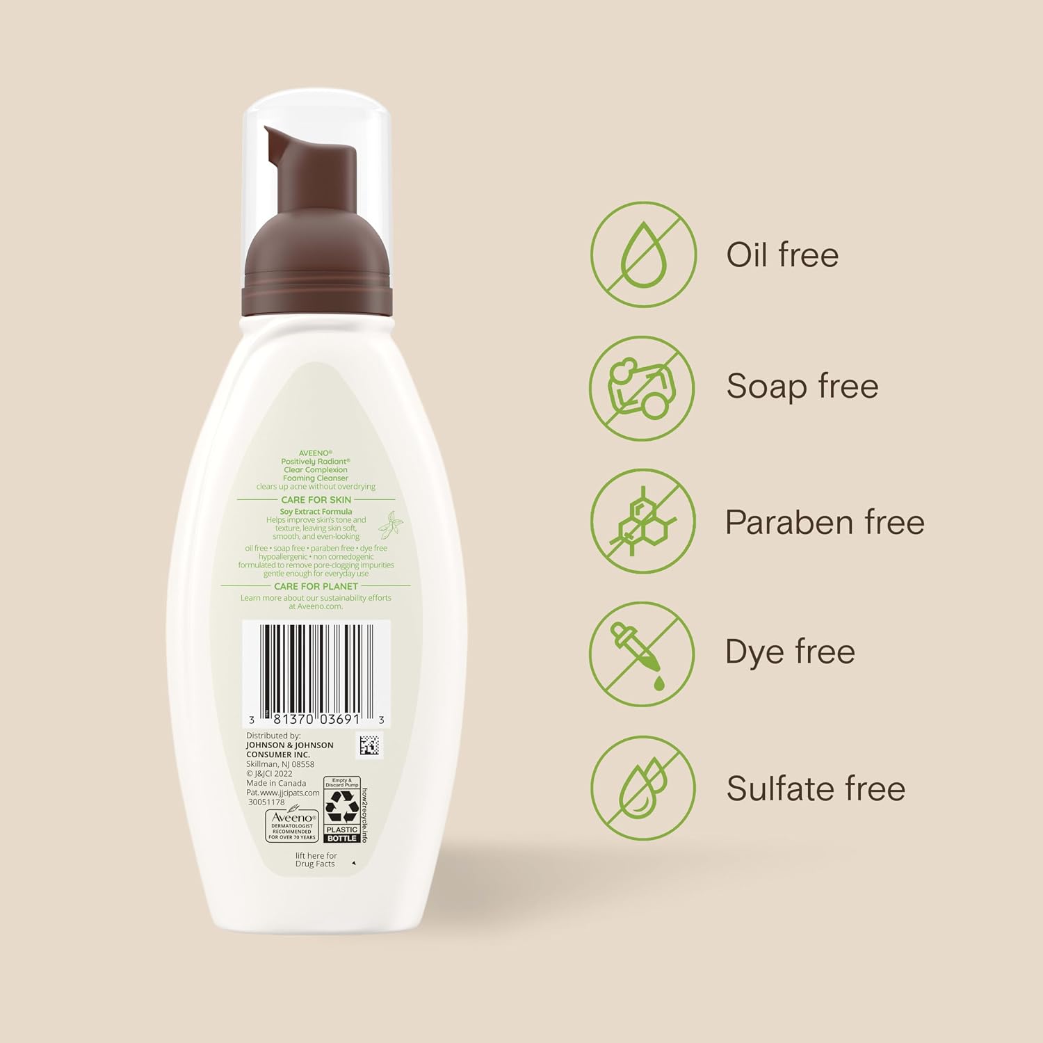 Aveeno Positively Radiant Clear Complexion Foaming Face Cleanser, 6 Fl. Oz | Facial Cleanser with Soy Extract & 0.5% Salicylic Acid, Acne Treatment Face Wash, Oil-Free, Hypoallergenic, No Added Sulfates