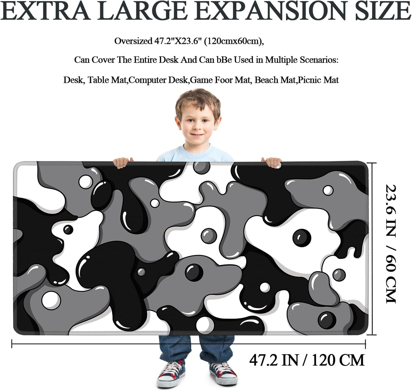 Gaming Laptop Mouse Pad,Grey Black White Big Desk Pads PC Keyboard Waterproof and Non-Slip 47.2" X 23.6" 3Mm Thick XXXL Rubber Table Mat, Black Spotted Dog Mouse Pads