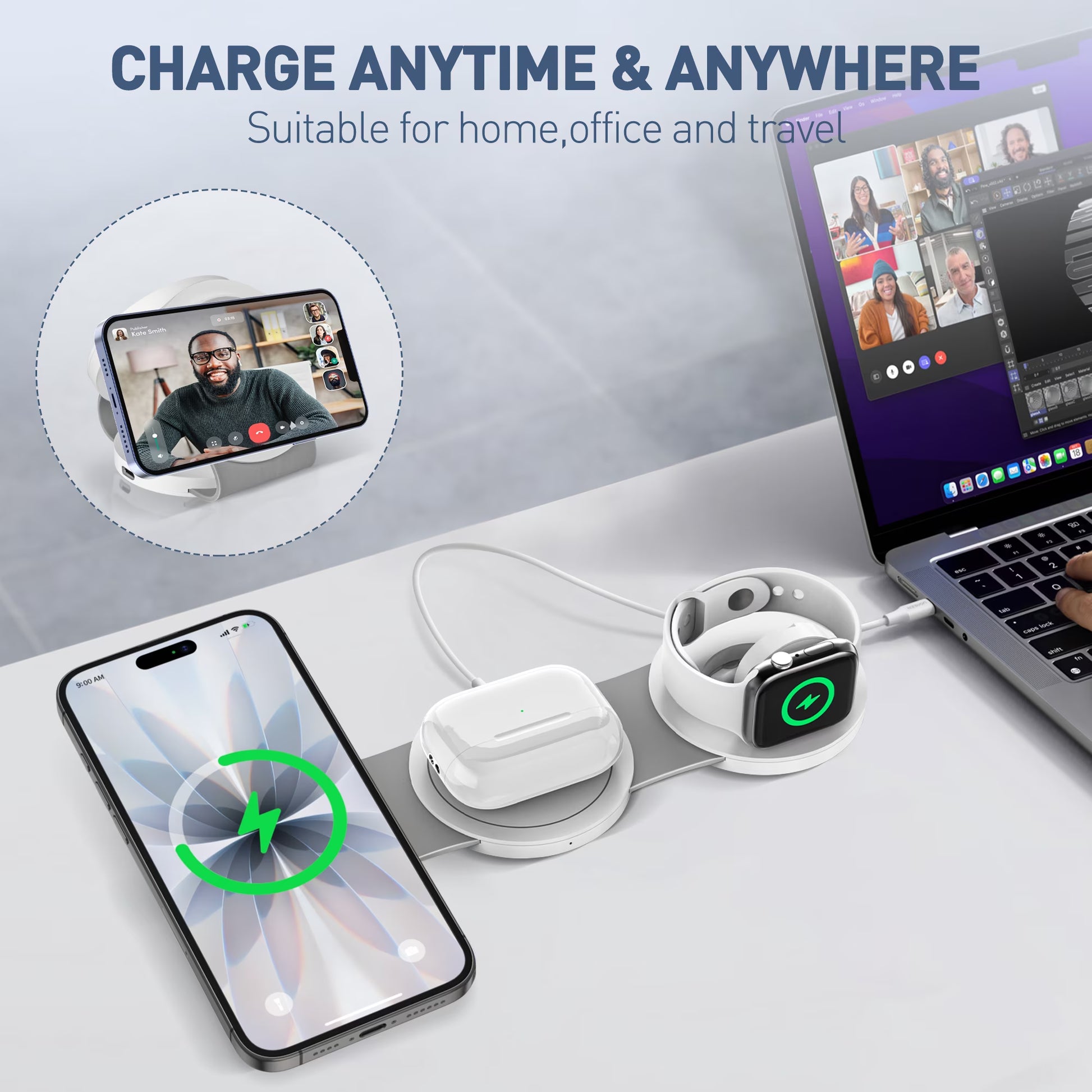 Wireless Charger for Iphone, 3 in 1 Charging Station for Iphone Devices, 15W Fast Wireless Charger Stand for Iphone 16 15 14 13 12 Pro Max, Charging Pad for Airpods 3/2/Pro, Iwatch 9/8/7/6/SE/5/4