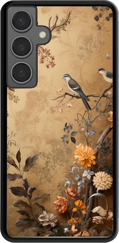 For Samsung Galaxy S24 Case - Vintage Flowers and Birds | Beige Sepia Vintage Bird Floral Branch Art Designed Phone Case - Flexible TPU Phone Cover - Drop Protection