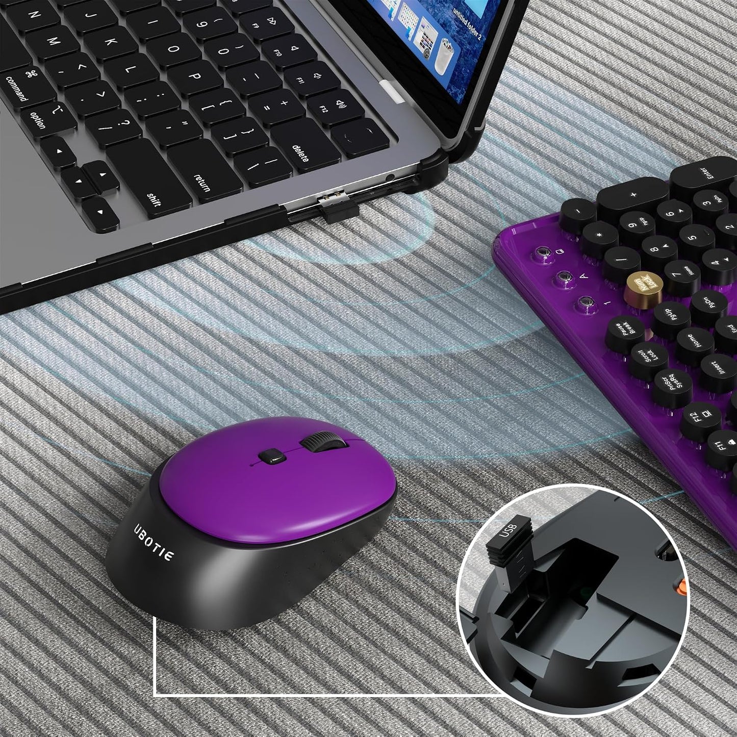 Colorful Wireless Computer Keyboards Mouse Combos (Black Purple) |  Polychrome round Keycaps Retro PC Keyboards 2.4Ghz Radio Frequency Connection with Optical Mouse Power Switch
