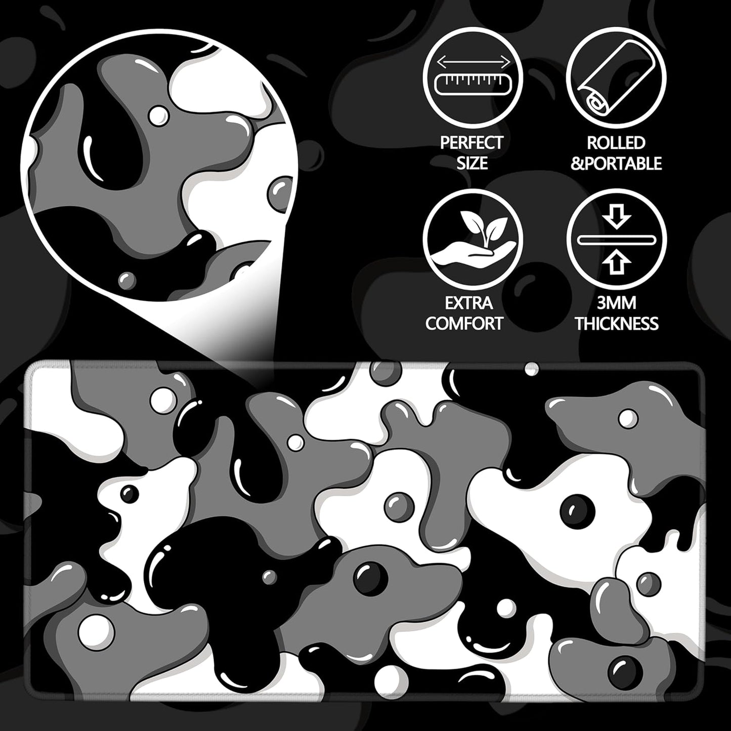Gaming Laptop Mouse Pad,Grey Black White Big Desk Pads PC Keyboard Waterproof and Non-Slip 47.2" X 23.6" 3Mm Thick XXXL Rubber Table Mat, Black Spotted Dog Mouse Pads