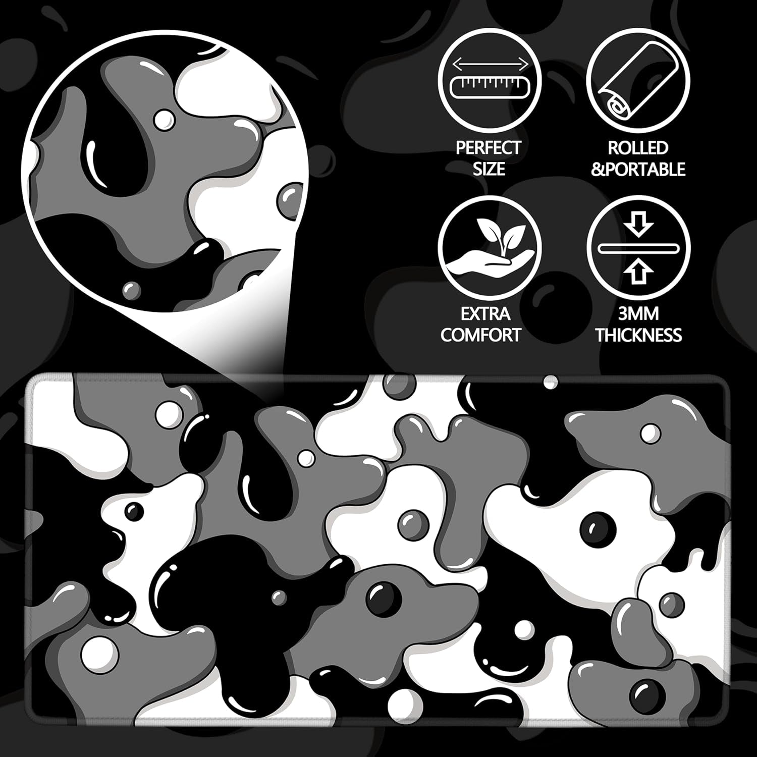 Gaming Laptop Mouse Pad,Grey Black White Big Desk Pads PC Keyboard Waterproof and Non-Slip 47.2" X 23.6" 3Mm Thick XXXL Rubber Table Mat, Black Spotted Dog Mouse Pads