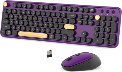 Colorful Wireless Computer Keyboards Mouse Combos (Black Purple) |  Polychrome round Keycaps Retro PC Keyboards 2.4Ghz Radio Frequency Connection with Optical Mouse Power Switch