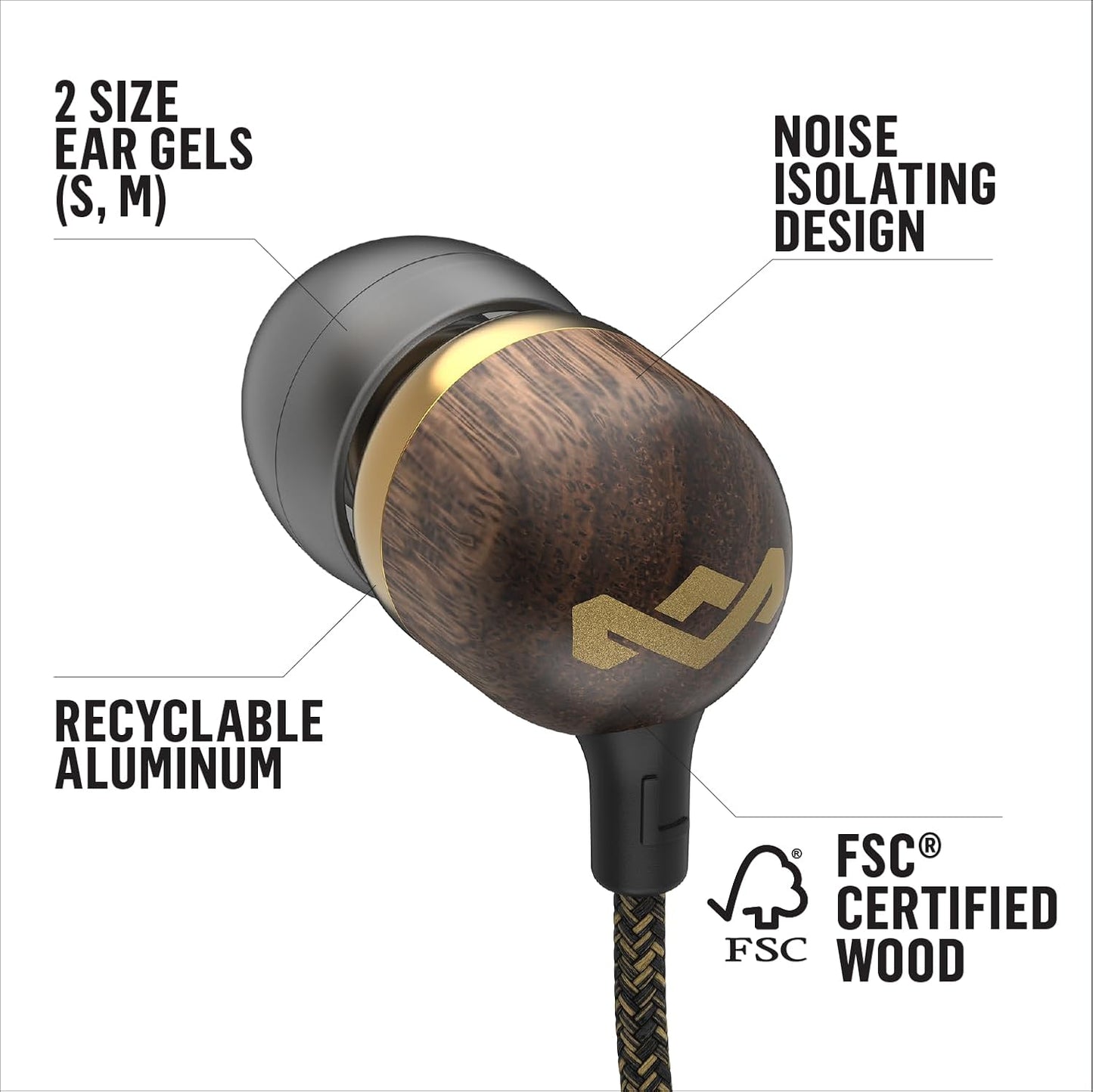 House of  Smile Jamaica AUX Wired Earbuds with Microphone, Noise-Isolating In-Ear Headphones, Tangle-Resistant Cable, 3.5Mm Jack Sustainable (Brass)