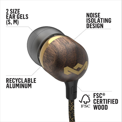 House of  Smile Jamaica AUX Wired Earbuds with Microphone, Noise-Isolating In-Ear Headphones, Tangle-Resistant Cable, 3.5Mm Jack Sustainable (Brass)