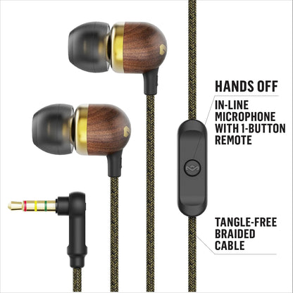 House of  Smile Jamaica AUX Wired Earbuds with Microphone, Noise-Isolating In-Ear Headphones, Tangle-Resistant Cable, 3.5Mm Jack Sustainable (Brass)